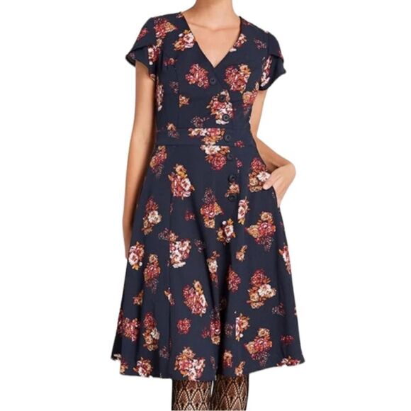 MODCLOTH Sentimental Special Retro 1940's Style Navy & Nutmeg Floral Dress L - Picture 10 of 10